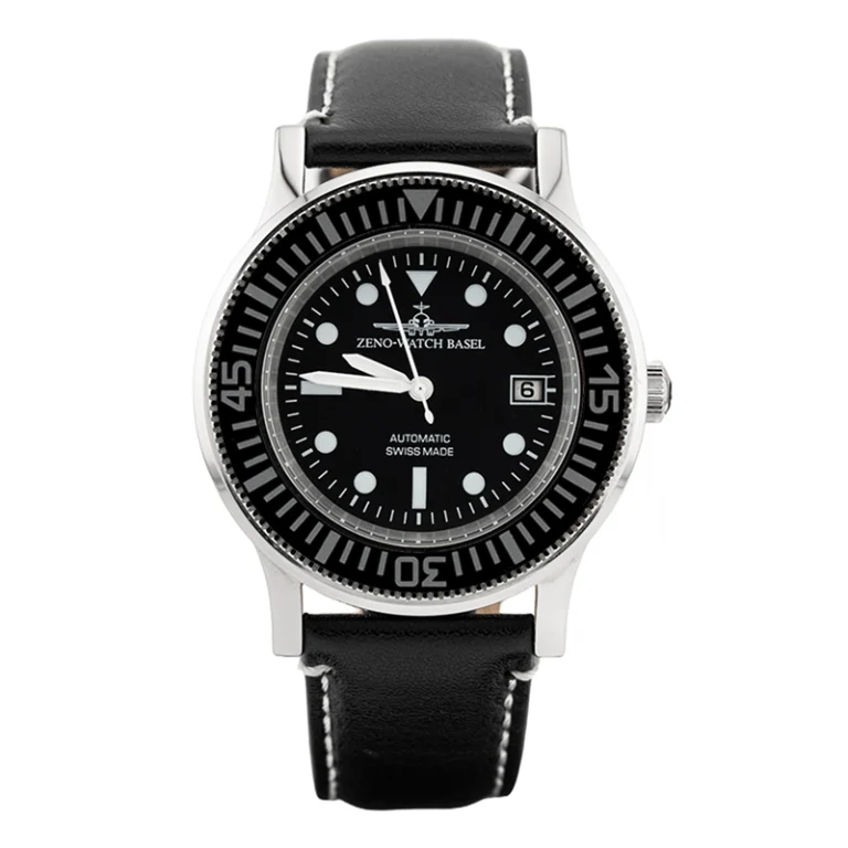 Black leather strap watch with a stainless steel case, black dial, luminous markers, and Swiss automatic movement.